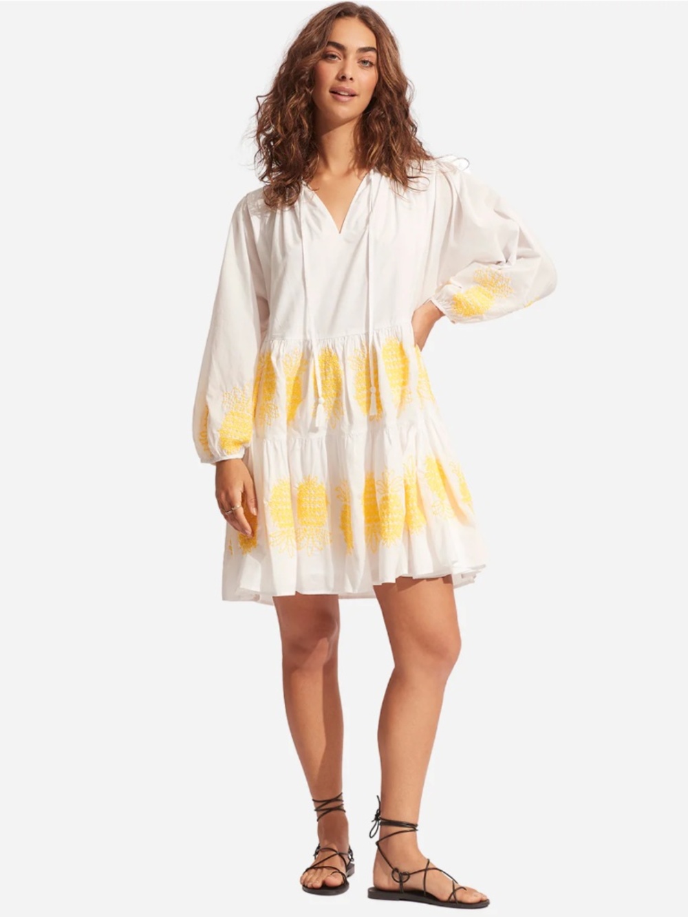 Seafolly Australia Tier Dress with Yellow Corsica Pineapple Embroidery